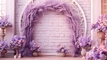 Lavender arch on brick wall background in mauve colors. Provence style wedding decorationsの素材