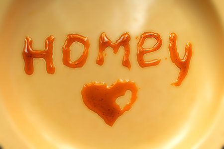 Heart and honey lettering on yellow plate. Dark variety.の写真素材