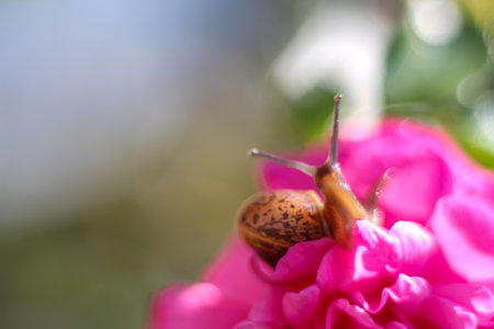 Snail on peony flower. Macrophoto in blur, defocus, smear. copy space, text space, template, layout.の写真素材