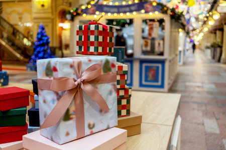 Gifts at mall showcase. Christmas and New Years Eve. Shopping and sales discounts. Interior of festively decorated storeの写真素材