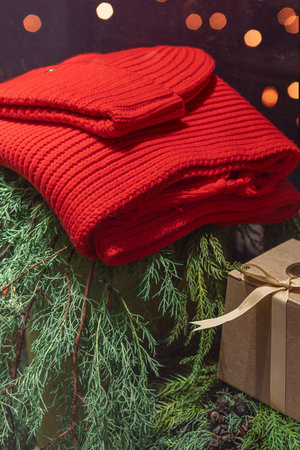 Red knit hat and scarf in store. Christmas sale. Warm winter clothes on display