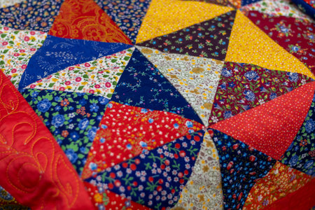 Bright, colorful patchwork quilt featuring variety of floral patterns and symmetrical designs. Mottled backgroundの写真素材