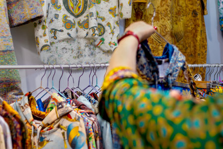 Woman examines original folk clothing on rack in store, choosing from variety of colorful traditional patterns. Close-up.の写真素材