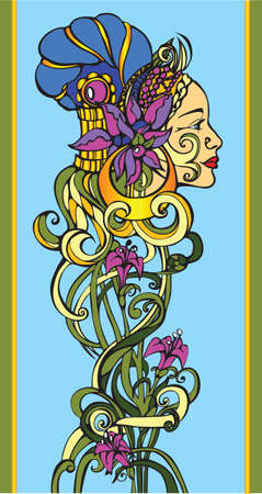 Ornament with an image of a female face, lily flowers, stems and leavesのイラスト素材