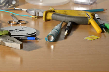 Tools on a workbench, tools on a wooden table, a set of toolsの写真素材
