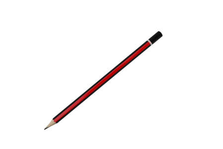 Wooden pencil with red and black stripes. A wooden graphite pencil with a rubber eraser is isolated on a white background.の写真素材