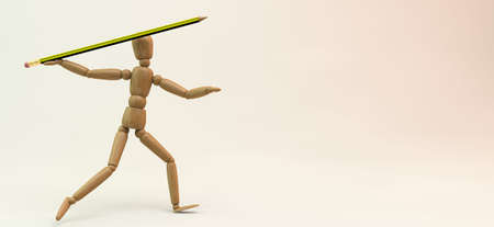 3D image of a wooden mannequin throwing javelinの写真素材
