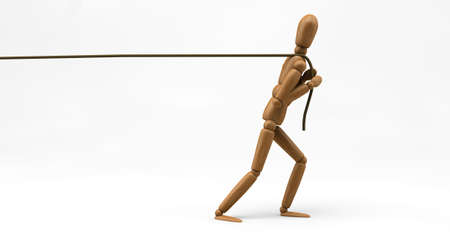 3D image of a wooden mannequin pulling a ropeの写真素材