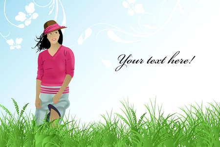 Girl walking on the fieldのイラスト素材