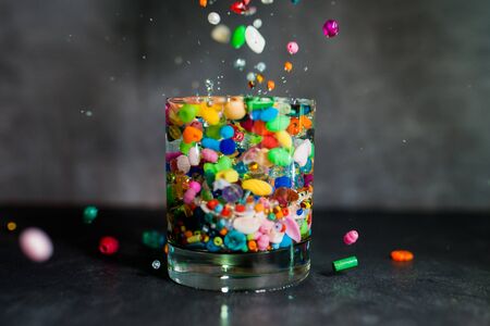 glass, water, color beads, bubbles, air, water streamの写真素材
