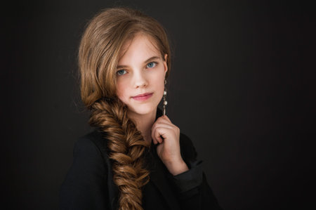 girl, girl, teenager, smile, happiness, black background, long hair, blue eyes, jeans, curly hair,...