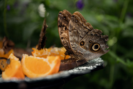Butterfly and tangerines on a table in the garden.の写真素材