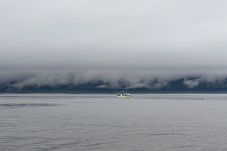 Boat in the ocean on a foggy day, Canada.
