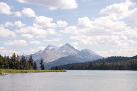 Mountains and Maligne Lake in Jasper National Park, Alberta, Canada.の写真素材