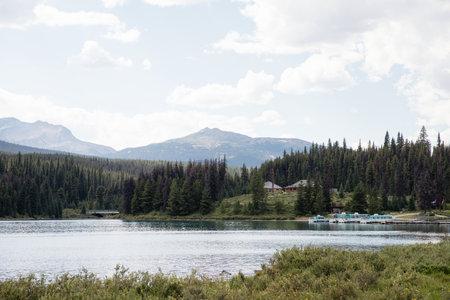 Mountains and Maligne Lake in Jasper National Park, Alberta, Canada.の写真素材