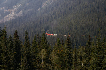 Mountain landscape with red train against the background of coniferous forest. BC, Canada.