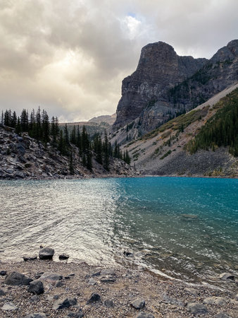 Lake Moraine in the Canadian Rockies. Alberta, Canada.の写真素材