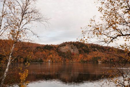 Autumn landscape with lake and mountains in the background. Quebec, Canada.の写真素材
