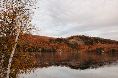 Autumn landscape with lake, mountains and forest in the background. Quebec, Canada.の写真素材