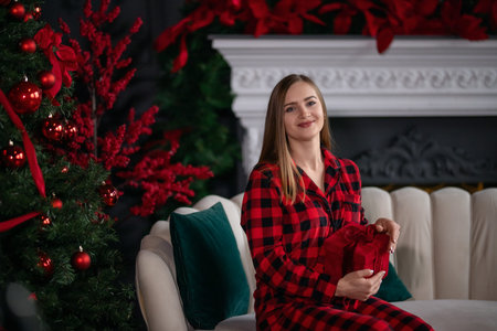 Beautiful young woman in a plaid dress sitting on the sofa near the Christmas tree. Canada.の写真素材