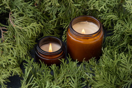 Soy candle in a glass jar. Green thuja branches background. Aromatherapy at home. Scented candles decorの写真素材
