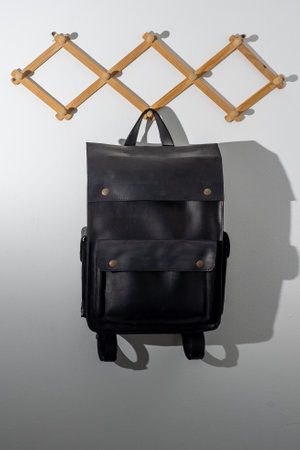 Black leather backpack. Classic city bag. Accessoryの写真素材