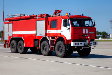 Kyiv, Ukraine - June 27, 2020: Red fire truck KAMAZ in the international airport Boryspil. New car