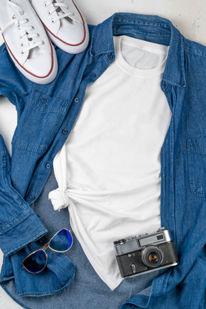 White T-shirt with place for text. Blue denim shirt, sneakers, glasses - a set of clothes for walking. T-shirt mockup for printing. Stylish kitの写真素材