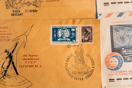 Postage stamp and envelope with cosmonaut Yuri Gagarin.のeditorial素材