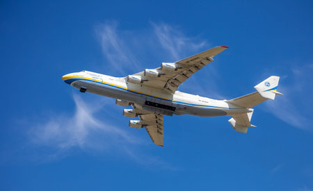 Gostomel, Ukraine - June 4, 2021: The plane Antonov 225 AN-225 Mriya, the biggest airplane in the world taking off from the airport. UR-82060 largest aircraft flying in the sky. Kyiv Kievのeditorial素材