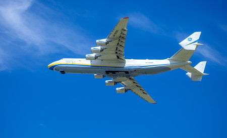 Gostomel, Ukraine - June 4, 2021: The plane Antonov 225 AN-225 Mriya, the biggest airplane in the world taking off from the airport. UR-82060 largest aircraft flying in the sky. Kyiv Kievのeditorial素材