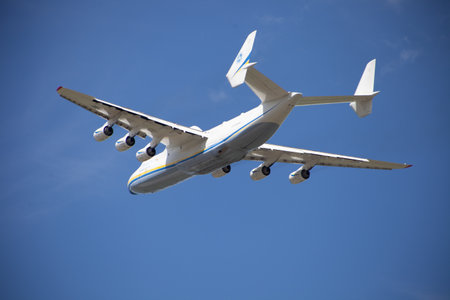 Gostomel, Ukraine - June 4, 2021: The plane Antonov 225 AN-225 Mriya, the biggest airplane in the world taking off from the airport. UR-82060 largest aircraft flying in the sky. Kyiv Kievのeditorial素材