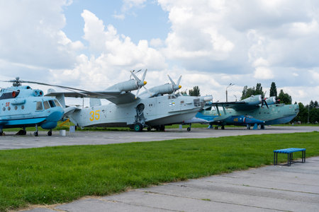 Kyiv, Ukraine - June 12, 2021: Amphibious aircraft. The plane that lands on the water. Retro model. Water planeのeditorial素材