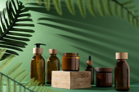Bottles for cosmetics and cream on a pedestal, green background with leaves and shadow. Brown glass jars with wooden lids. Eco concept.の写真素材