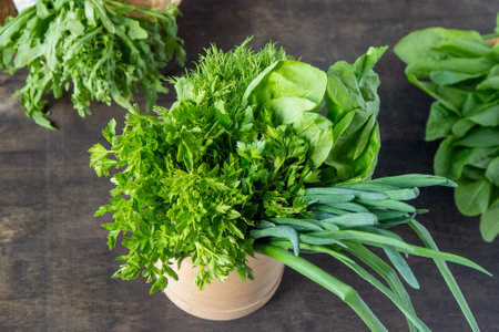 Green onions, spinach, parsley and dill. Vitamin food. Prepare greens salad.の写真素材