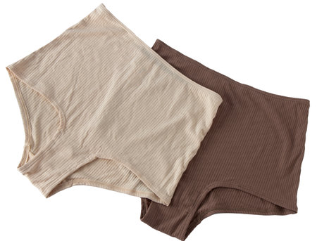 Panties isolated. Classic women's underwear in beige. Cotton jersey. Casual new panty closeup.の写真素材