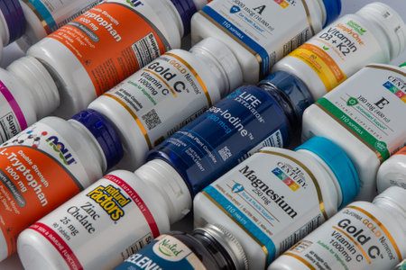 Vitamins, minerals and micronutrients from iHerb. Lots of different jars. Biologically active food additives. Dietary supplement set buy online. Medicines for health. Kyiv, Ukraine - July 13, 2023のeditorial素材