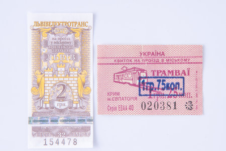 A paper ticket for travel on a tram in the city of Lviv, Evpatoria. Ukraine.のeditorial素材
