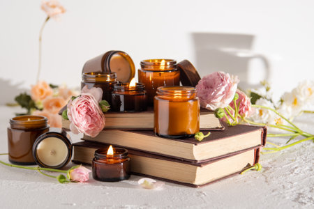 A set of different aroma candles in brown glass jars. Scented handmade candle. Soy candles are burning in a jar. Aromatherapy and relax in spa and home. Still life. Fire in brown jarの写真素材