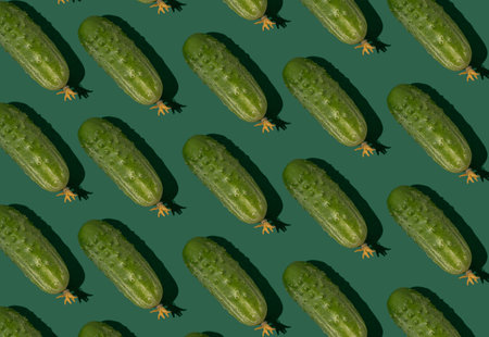 Cucumber pattern. Cucumbers on a green background. Vegetables.の写真素材