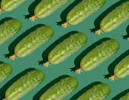 Cucumber pattern. Cucumbers on a green background. Vegetables.の写真素材