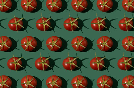 Tomatoes pattern. Red cherry tomato on a green background. Vegetables food concept.の写真素材