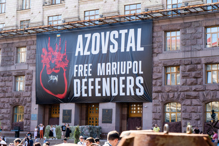 Poster on the building of the Kyiv City Council. In support and for the release of military prisoners.のeditorial素材