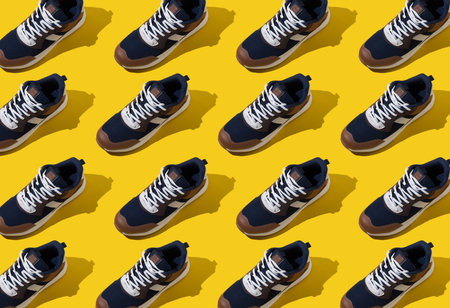 Sneaker shoe pattern on yellow background. Sport footwear.