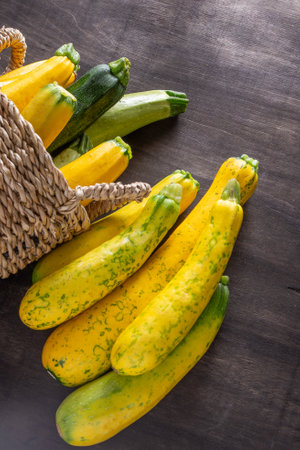 Yellow green zucchini. Vegetable marrow harvest. Food summer squash courgettes.の写真素材