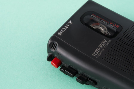 Sonys old cassette recorder. Retro player. Sony vintage player. Kyiv, Ukraine - June 20, 2023.のeditorial素材
