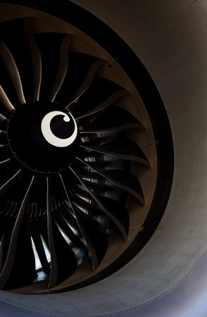 Plane background. Airplane turbine blades close-up. Airplane engine. Turbines blade. Aviation