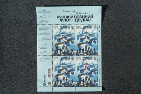 Ukrainian military postage stamps. The Russian navy is to the bottom. Ukraine, Kyiv - April 5, 2024のeditorial素材