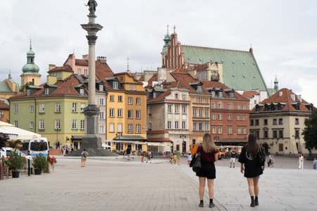 Old city street. Warsaw Poland. Multicolored houses. Outdoor Europe. Warsaw, Poland - August 1, 2023のeditorial素材