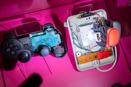 Joystick cutaway. Technologies. The insides and contents of the electrical appliance. Gamepad for...